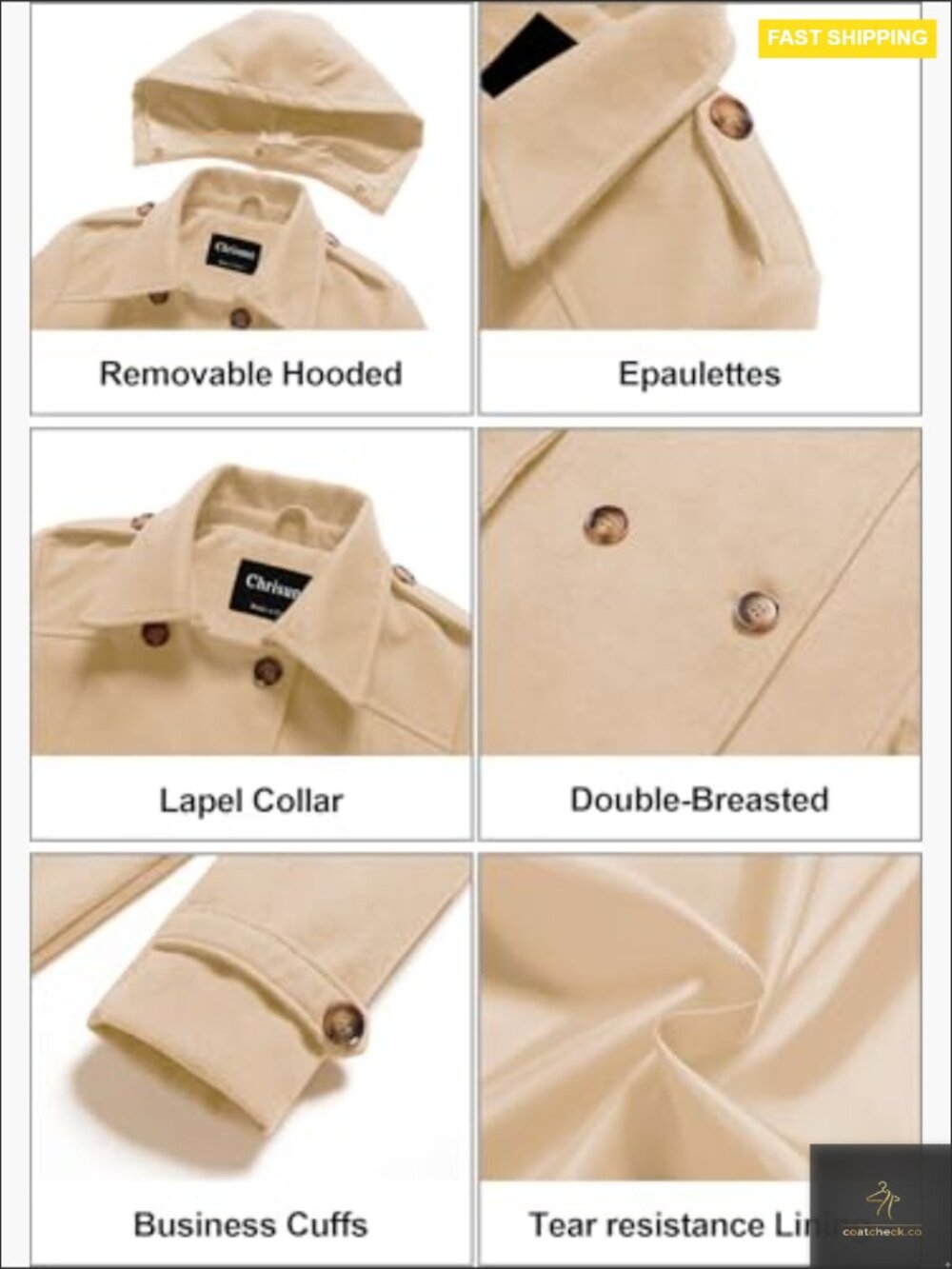 Double Breasted Pea Coat Hooded Long Winter Trench Coat Classic - Picture 5 of 6